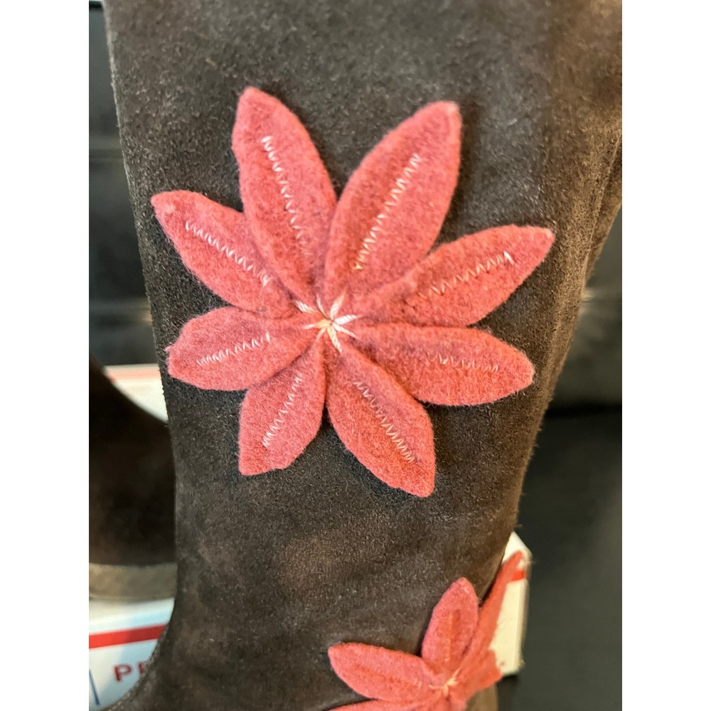 Primigi Brown Suede Tall Boots Pink Flower Applique Leather Lining EU 34 - Picture 2 of 8